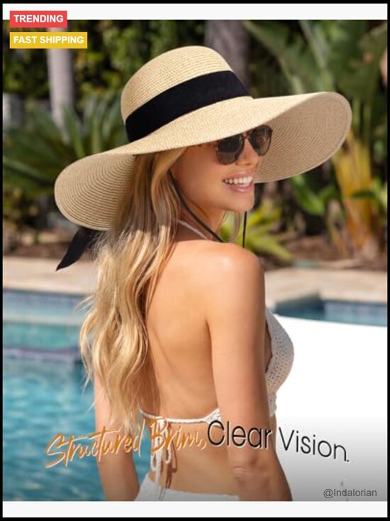 Wide Brim Sun Straw Hat UPF 80 Floppy Beach Foldable Packable with Chin Strap main image 5